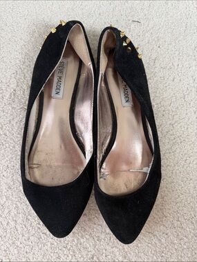 Steve Madden Black Suede Pointed Flats with Gold Spike Accents